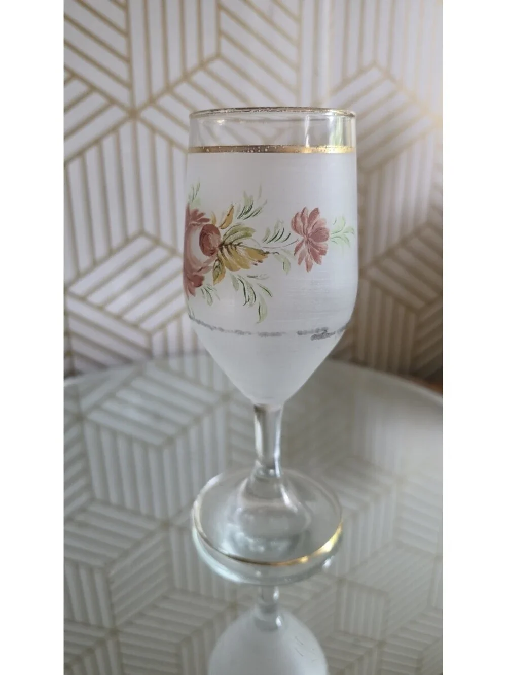 Vintage Interpur Handpainted Rose Frosted Wine Glass Replacement 6 5/8”
